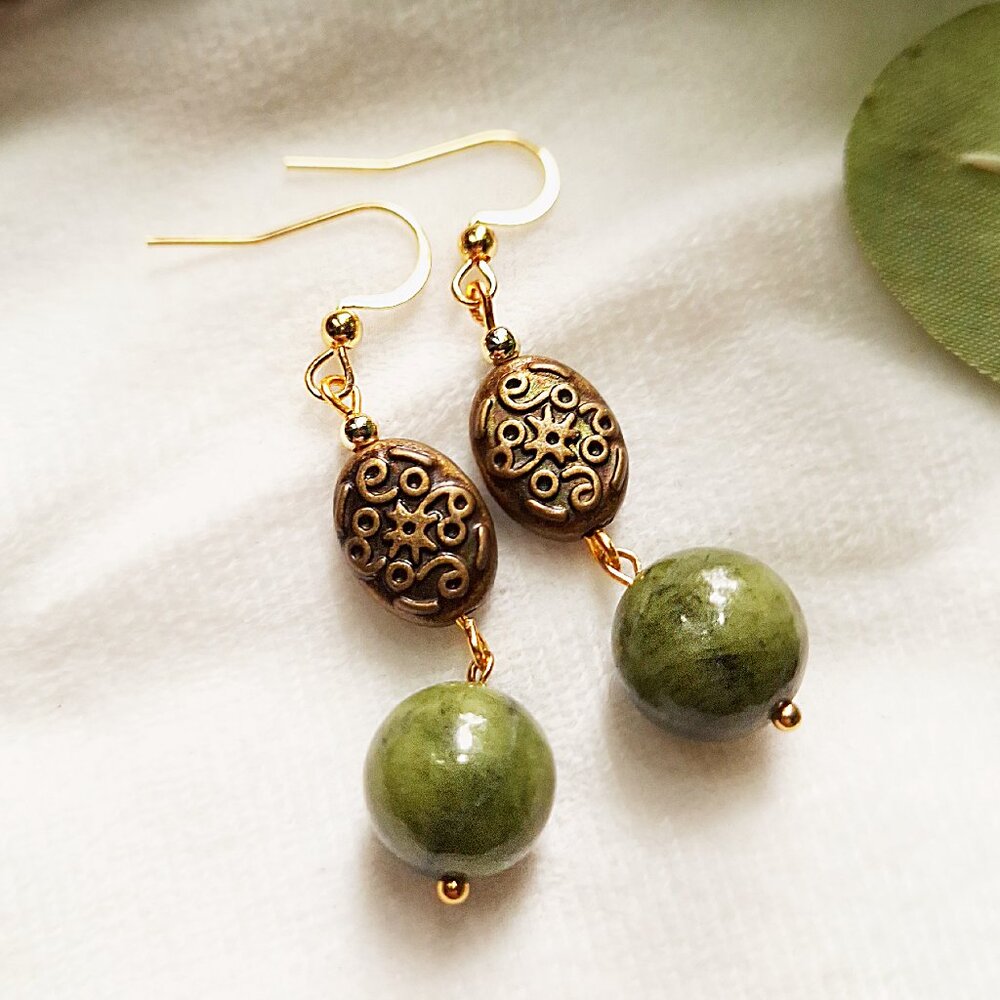 Green Jade Stone & Antique Brass Dangle Earrings, 24k Gold Plated Stainless